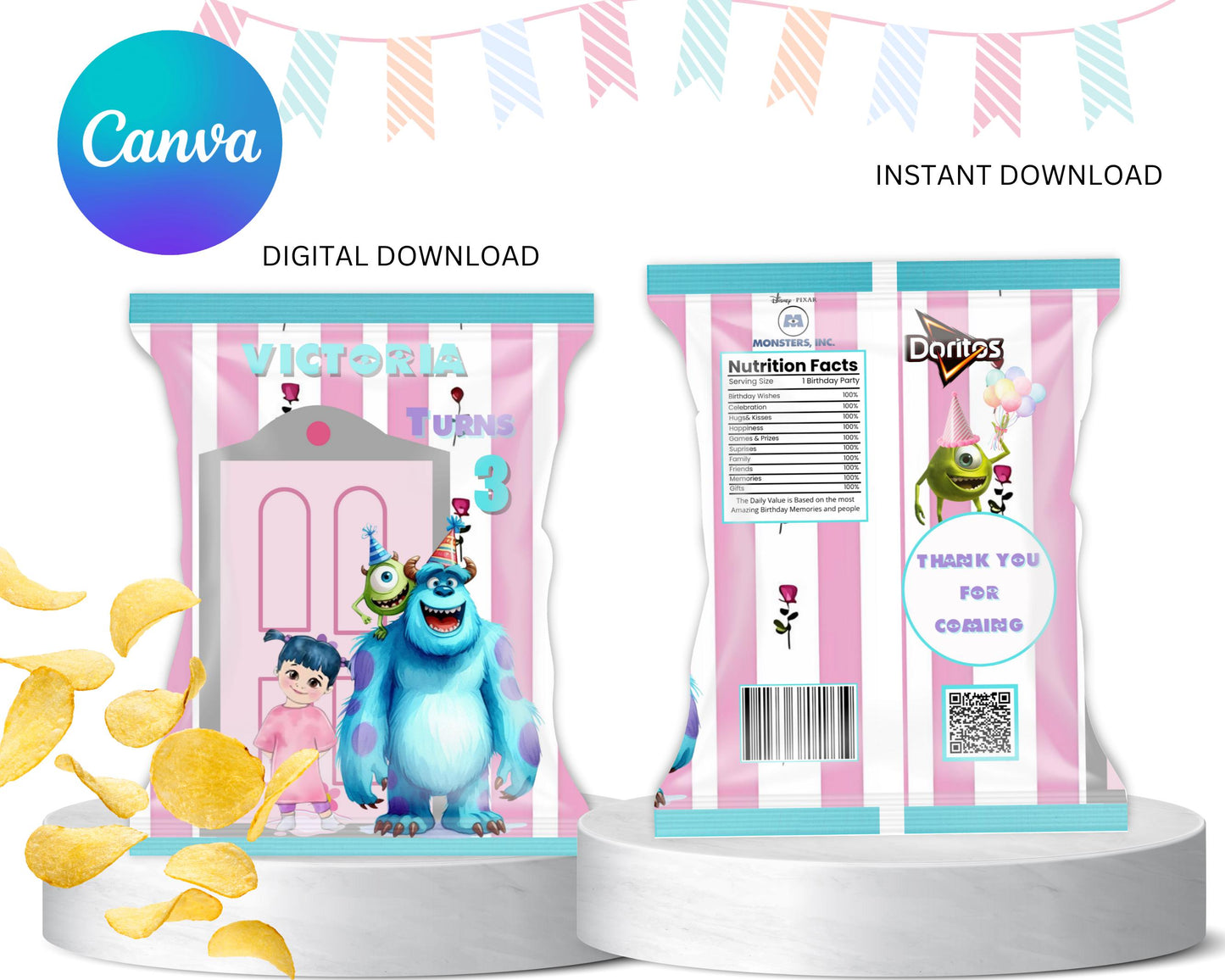 Monsters Chip Bag Digital Template, Kids Birthday Party, Birthday Party Favors, Printable Template, Digital Chip Bag, Birthday