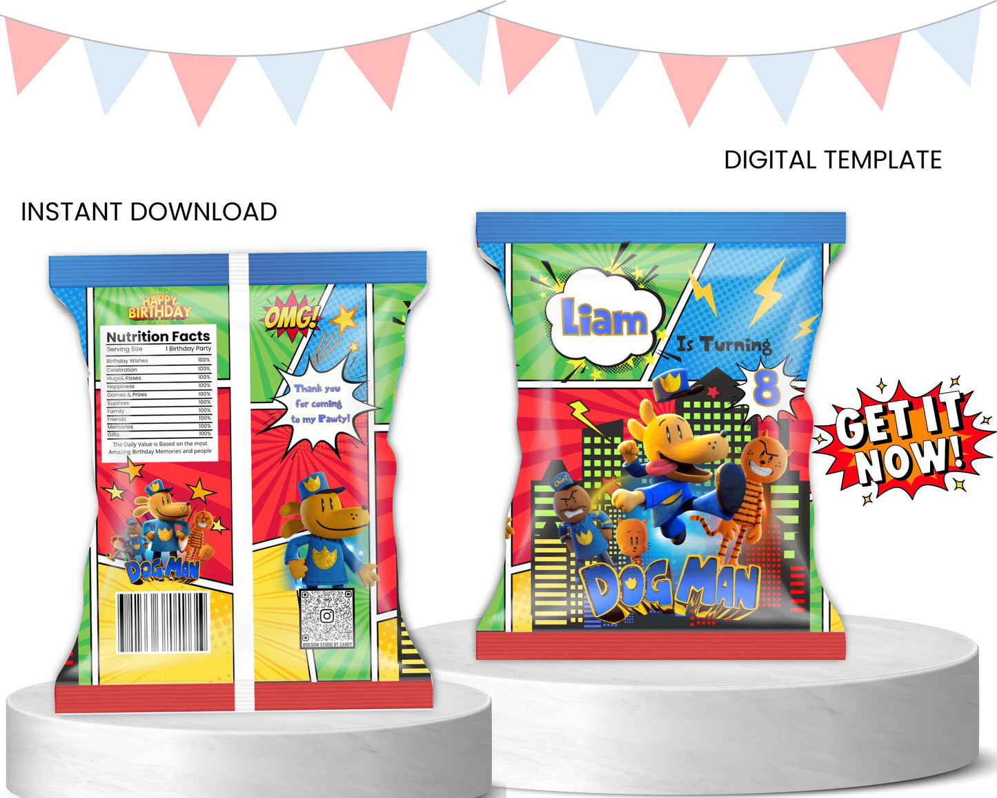 Dogman Chip Bag, Editable Template, Custom Chip Bags, Digital Download, Boys Chip Bag